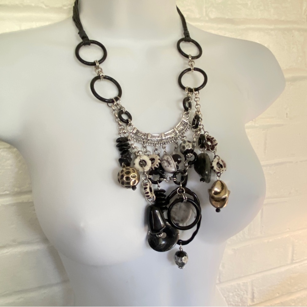 Black White Silver Layered Statement Bead Necklace